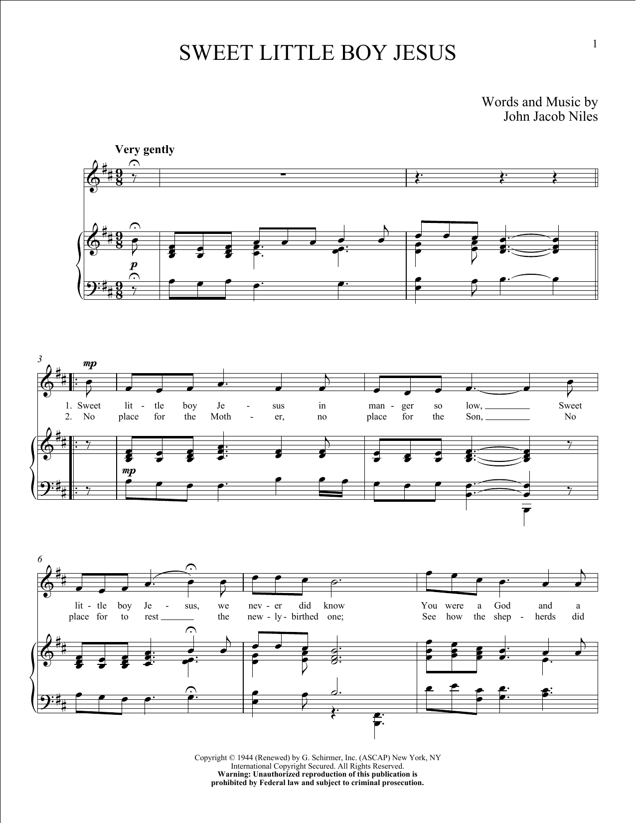 John Jacob Niles Sweet Little Boy Jesus Sheet Music Notes & Chords for Piano & Vocal - Download or Print PDF
