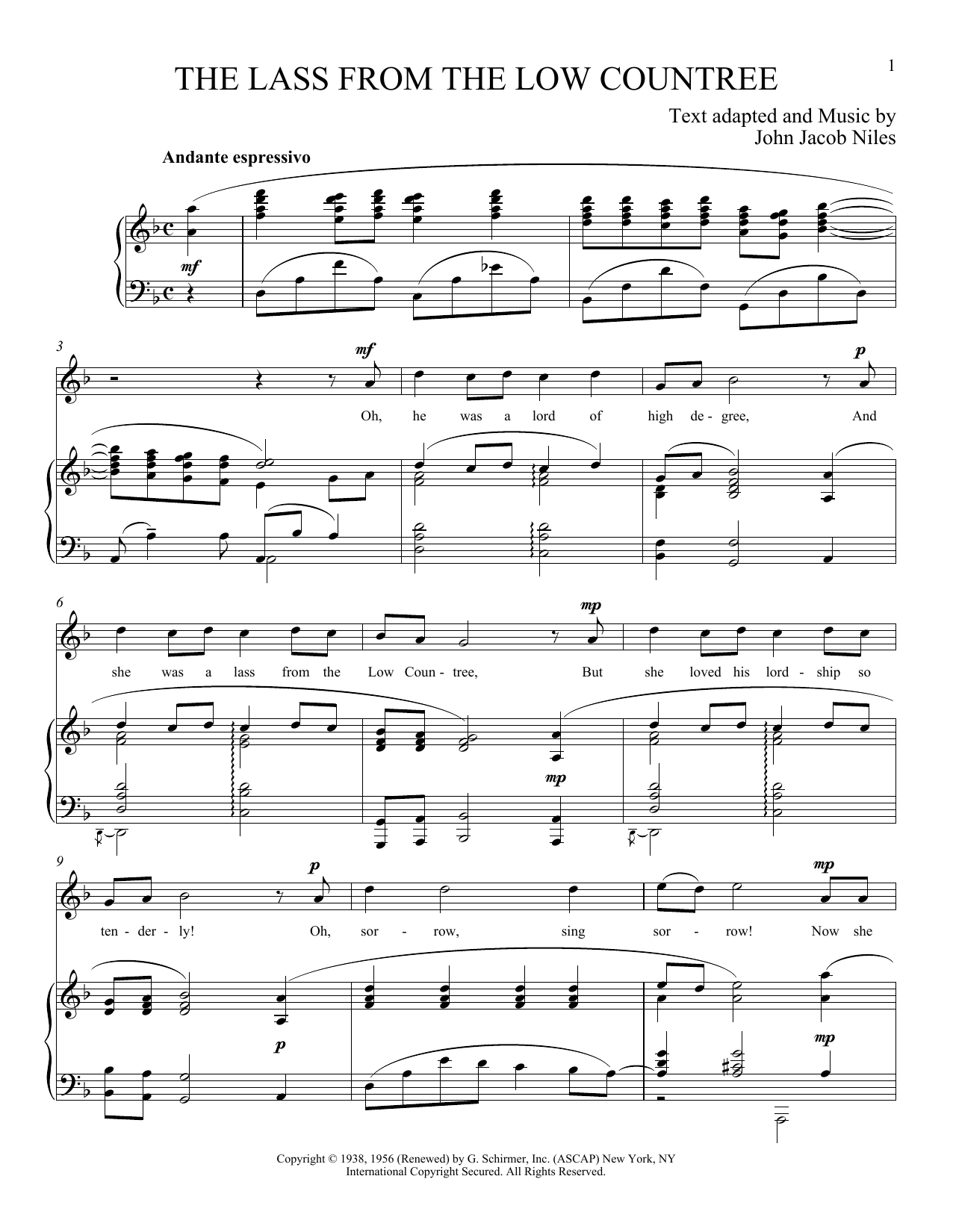 John Jacob Niles The Lass From The Low Countree Sheet Music Notes & Chords for Piano & Vocal - Download or Print PDF