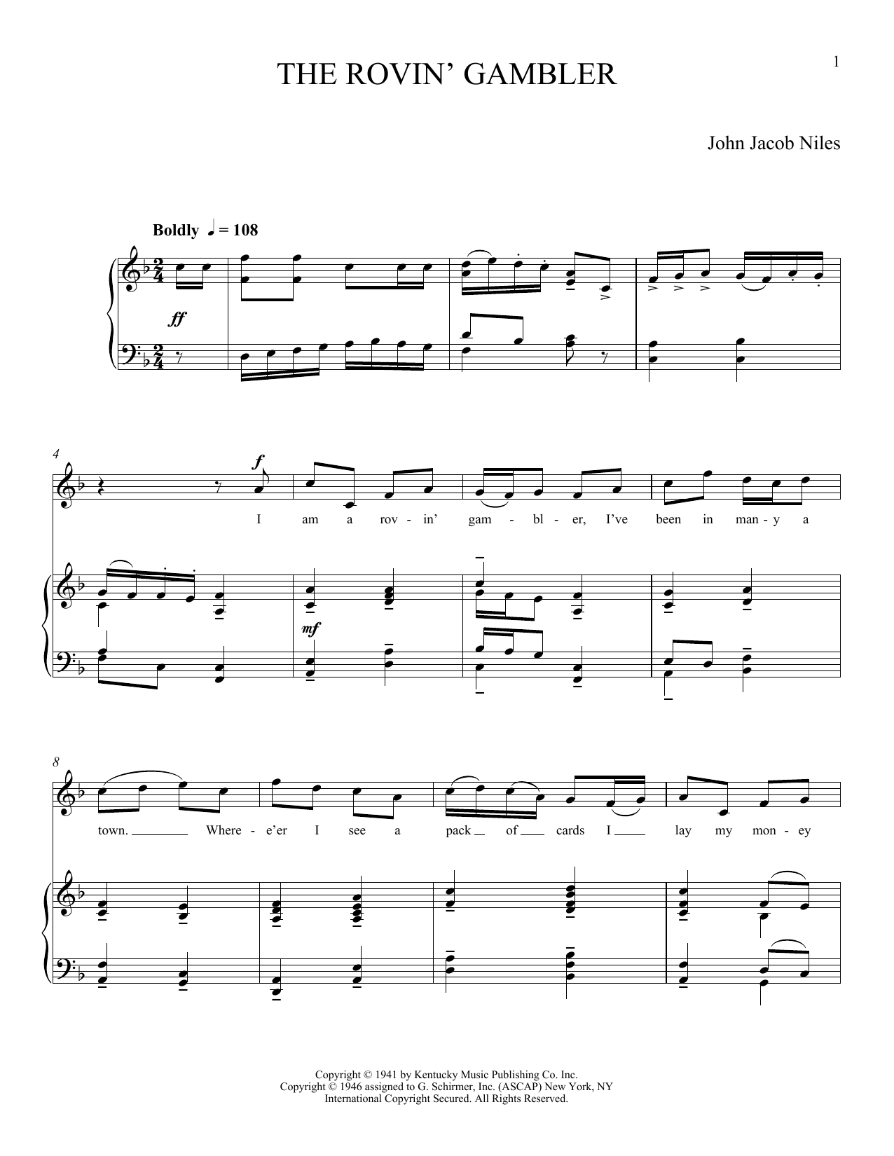 John Jacob Niles The Rovin' Gambler Sheet Music Notes & Chords for Piano & Vocal - Download or Print PDF