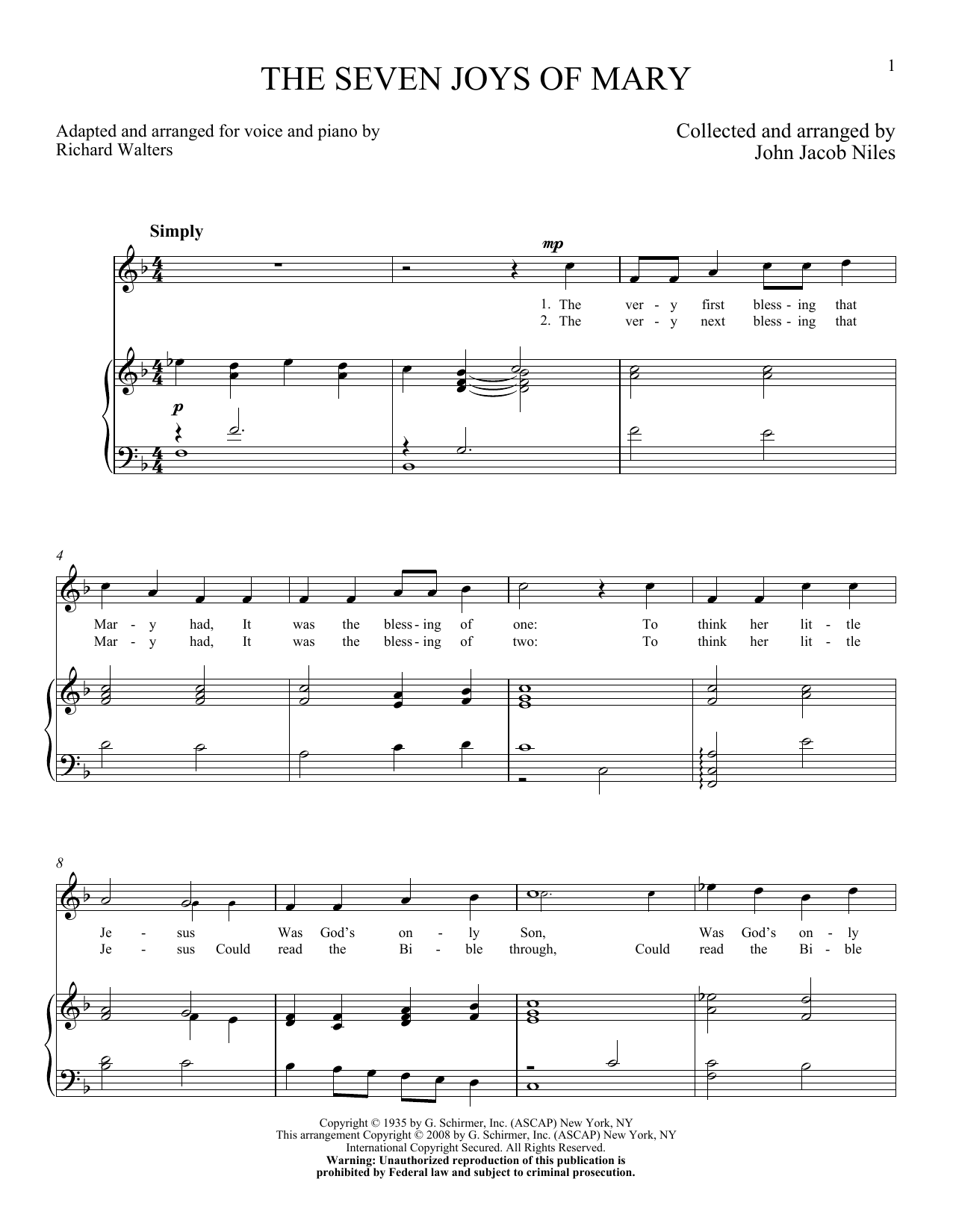 John Jacob Niles The Seven Joys Of Mary Sheet Music Notes & Chords for Piano & Vocal - Download or Print PDF
