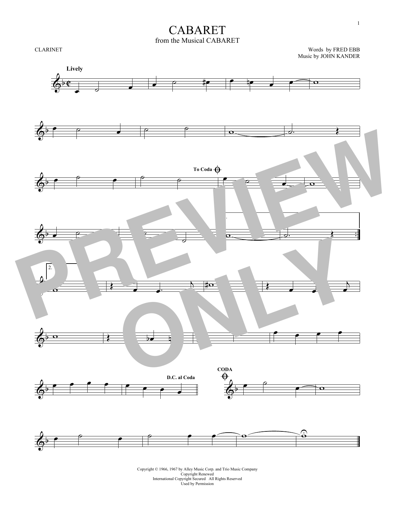 John Kander & Fred Ebb Cabaret Sheet Music Notes & Chords for Clarinet - Download or Print PDF