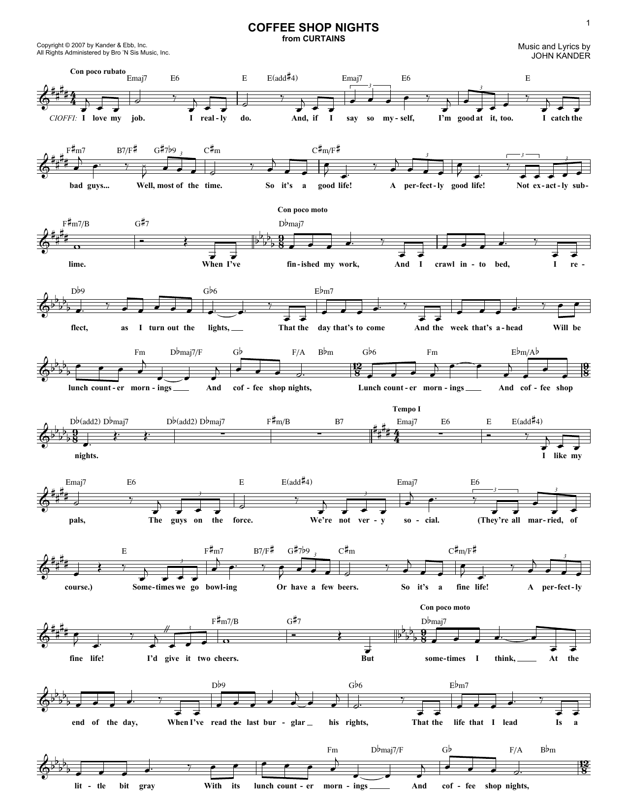 John Kander Coffee Shop Nights Sheet Music Notes & Chords for Melody Line, Lyrics & Chords - Download or Print PDF