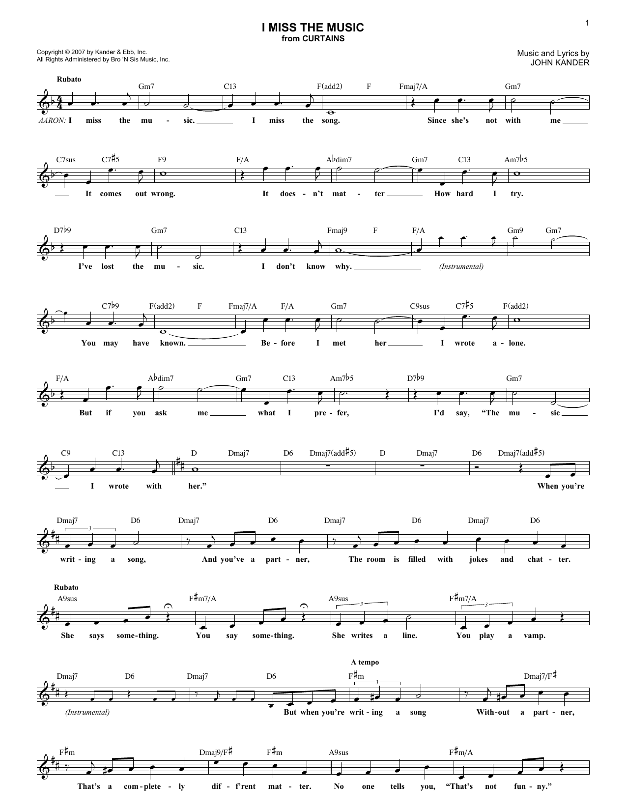 John Kander I Miss The Music Sheet Music Notes & Chords for Melody Line, Lyrics & Chords - Download or Print PDF
