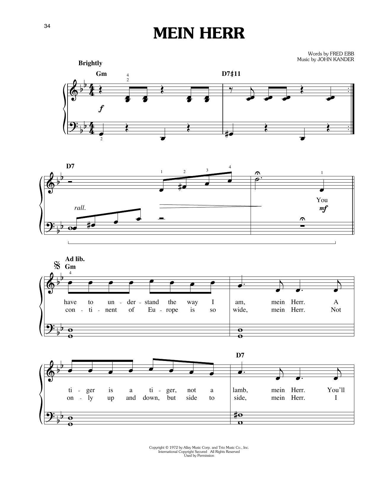 John Kander Mein Herr Sheet Music Notes & Chords for Easy Piano - Download or Print PDF