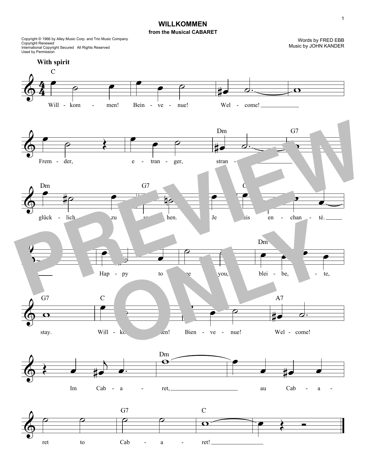 John Kander Willkommen Sheet Music Notes & Chords for Melody Line, Lyrics & Chords - Download or Print PDF