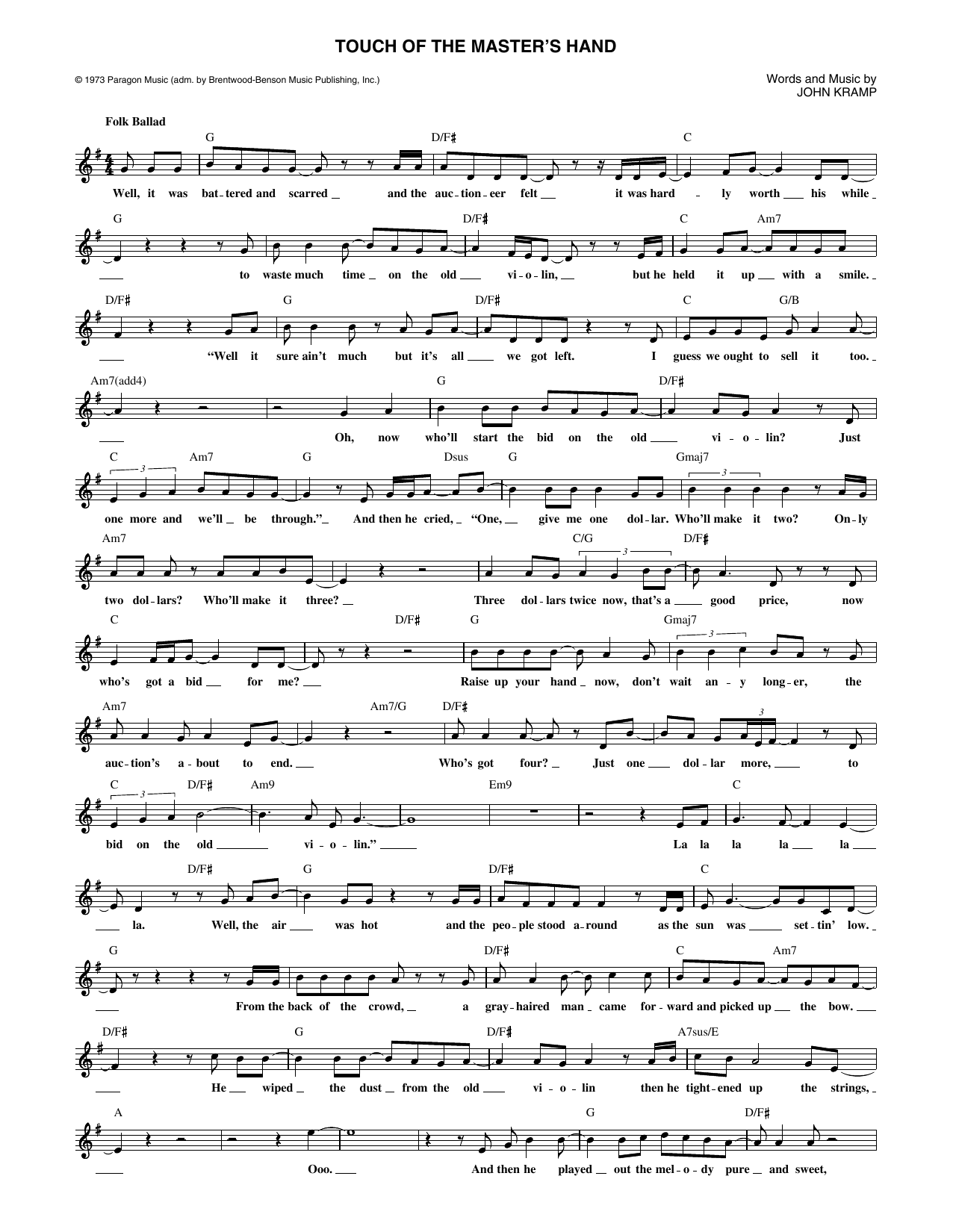 John Kramp The Touch Of The Master's Hand Sheet Music Notes & Chords for Lead Sheet / Fake Book - Download or Print PDF