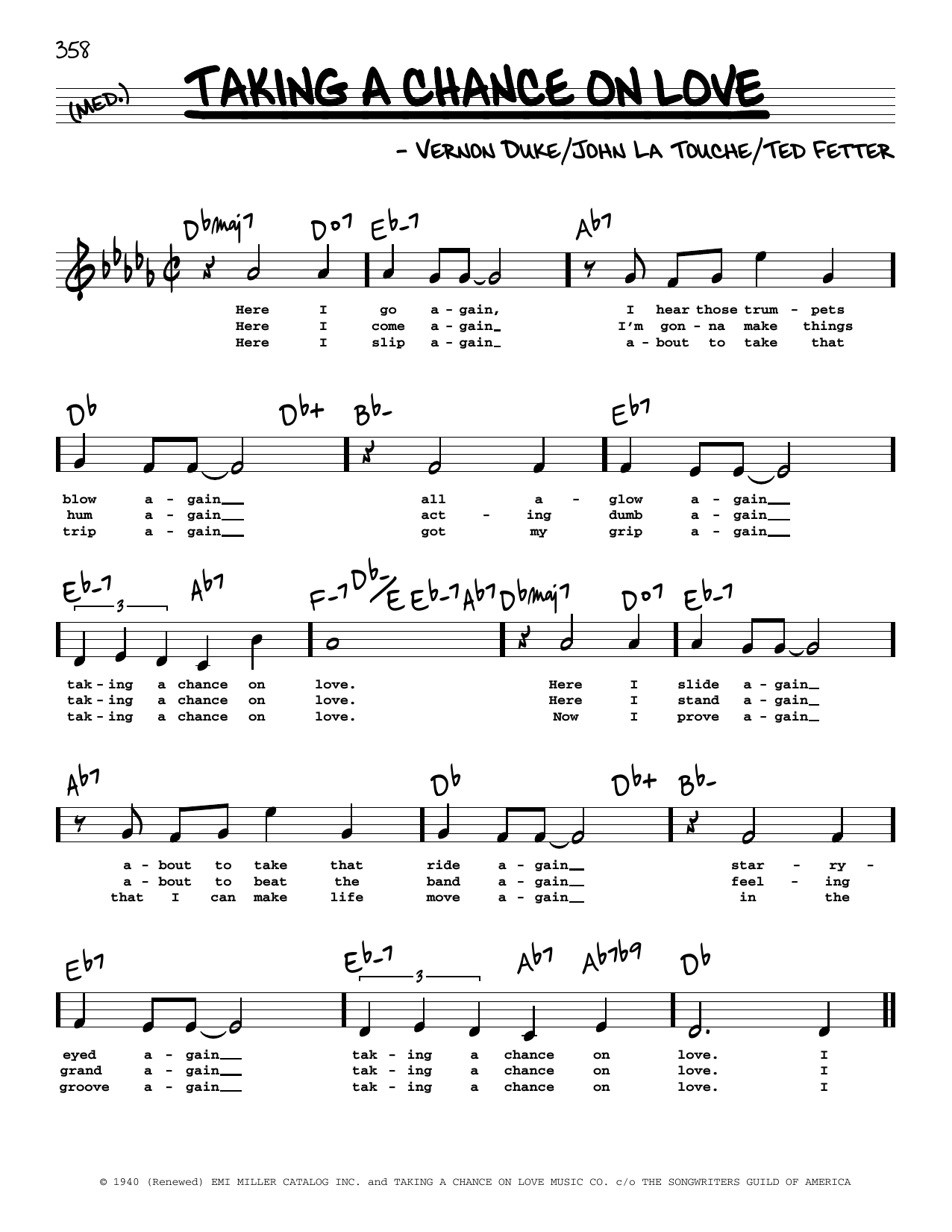 John La Touche Taking A Chance On Love (High Voice) Sheet Music Notes & Chords for Real Book – Melody, Lyrics & Chords - Download or Print PDF