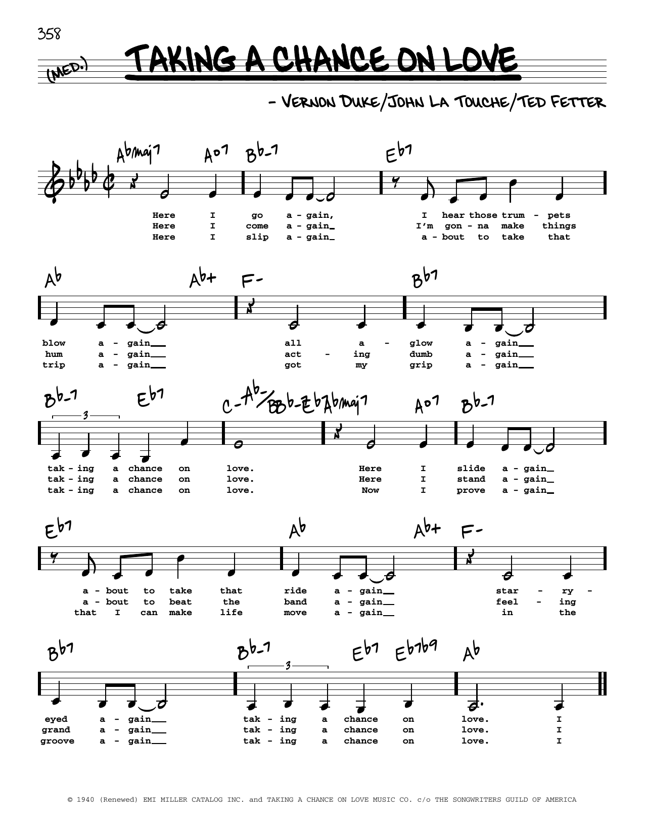 John La Touche Taking A Chance On Love (Low Voice) Sheet Music Notes & Chords for Real Book – Melody, Lyrics & Chords - Download or Print PDF