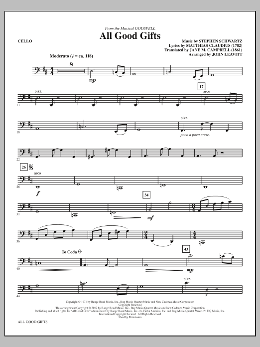 John Leavitt All Good Gifts - Cello Sheet Music Notes & Chords for Choir Instrumental Pak - Download or Print PDF