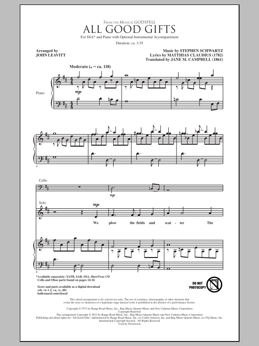 Stephen Schwartz All Good Gifts (from Godspell) (arr. John Leavitt) Sheet Music Notes & Chords for SSA - Download or Print PDF