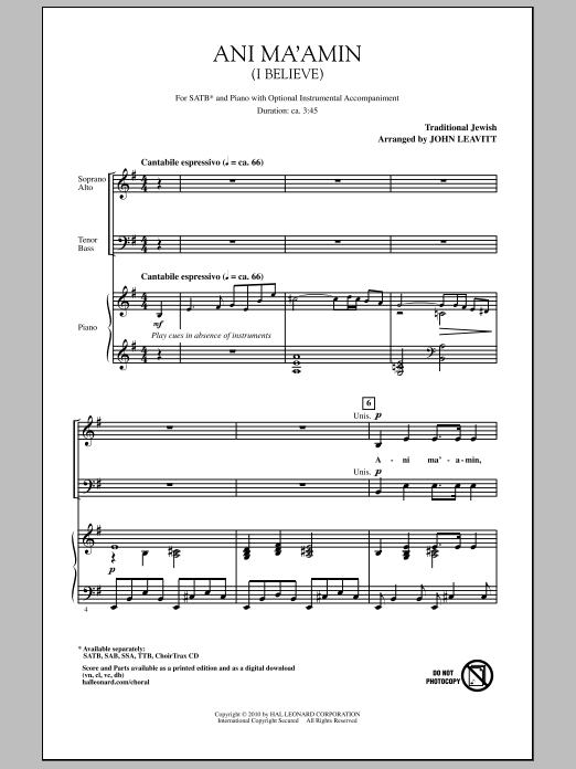 John Leavitt Ani Ma'amin (I Believe) Sheet Music Notes & Chords for SSA - Download or Print PDF