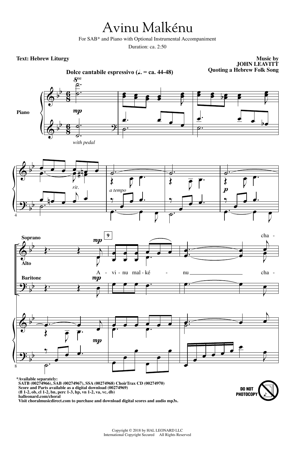 John Leavitt Avinu Malkenu Sheet Music Notes & Chords for SSA - Download or Print PDF