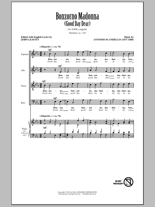 John Leavitt Bonzorno Madonna (Good Day Dear) Sheet Music Notes & Chords for SATB - Download or Print PDF