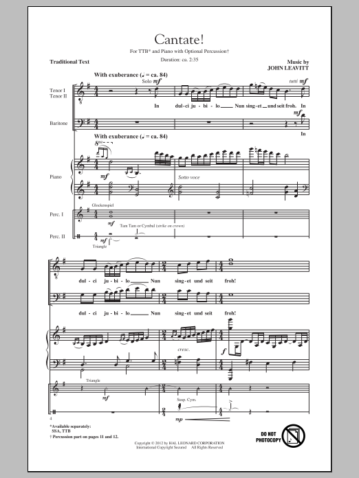 John Leavitt Cantate! Sheet Music Notes & Chords for TTBB - Download or Print PDF