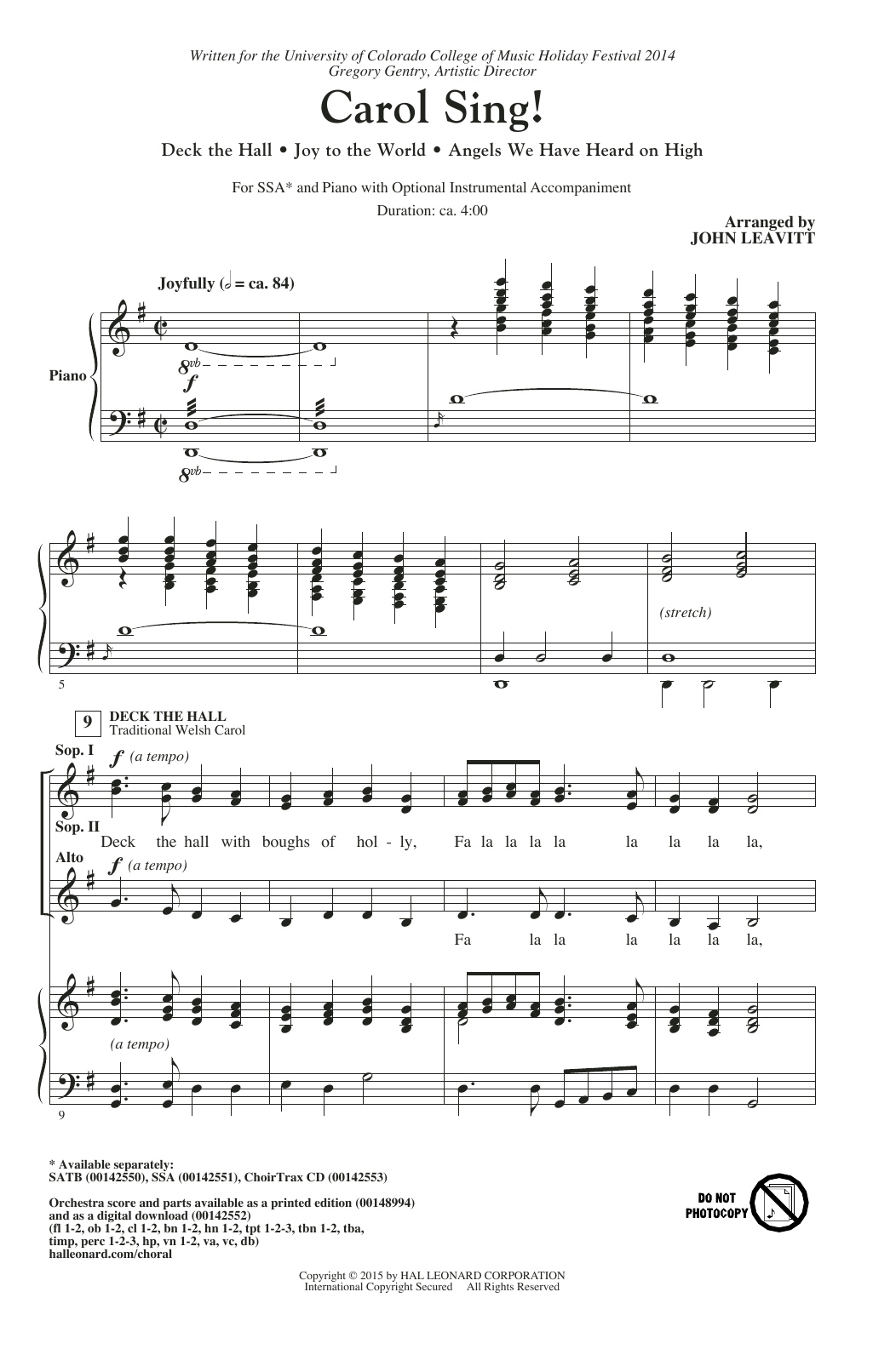 John Leavitt Carol Sing! Sheet Music Notes & Chords for SSA - Download or Print PDF