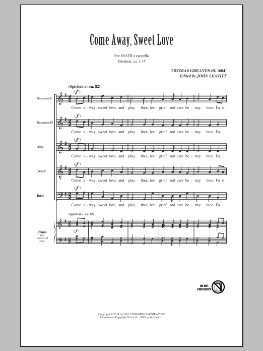 John Leavitt Come Away, Sweet Love Sheet Music Notes & Chords for SATB - Download or Print PDF