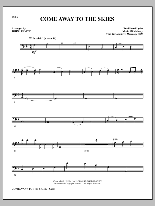 John Leavitt Come Away To The Skies - Cello Sheet Music Notes & Chords for Choir Instrumental Pak - Download or Print PDF