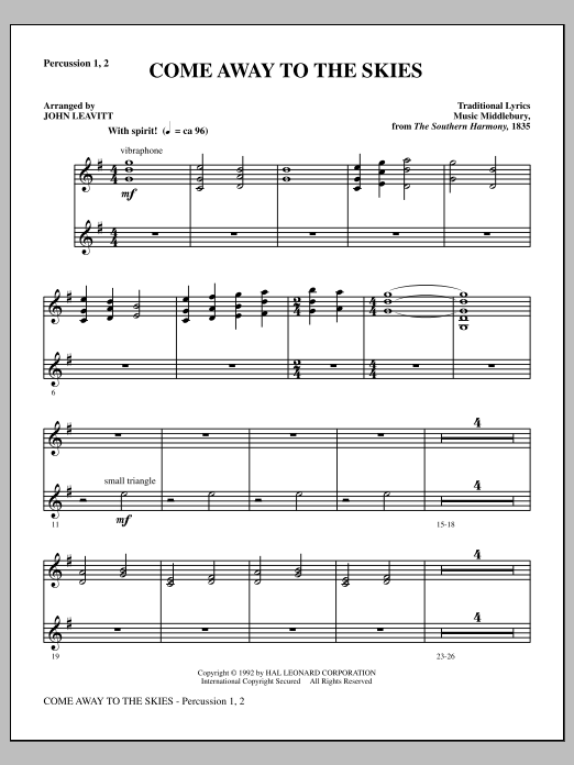 John Leavitt Come Away To The Skies - Percussion 1 & 2 Sheet Music Notes & Chords for Choir Instrumental Pak - Download or Print PDF
