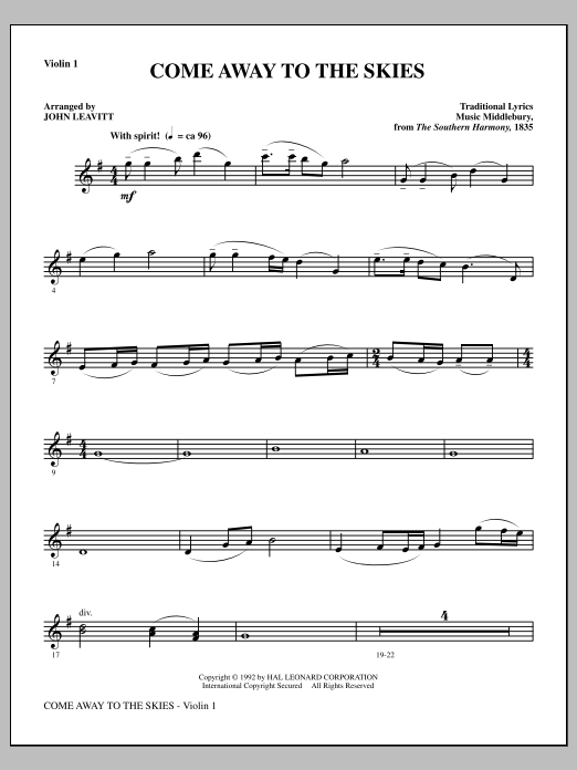 John Leavitt Come Away To The Skies - Violin 1 Sheet Music Notes & Chords for Choir Instrumental Pak - Download or Print PDF