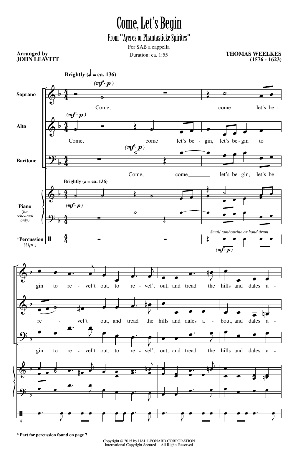 Thomas Weelkes Come, Let's Begin (arr. John Leavitt) Sheet Music Notes & Chords for SAB - Download or Print PDF