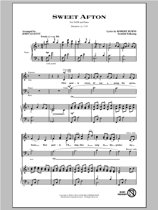 John Leavitt Flow Gently, Sweet Afton Sheet Music Notes & Chords for SATB - Download or Print PDF