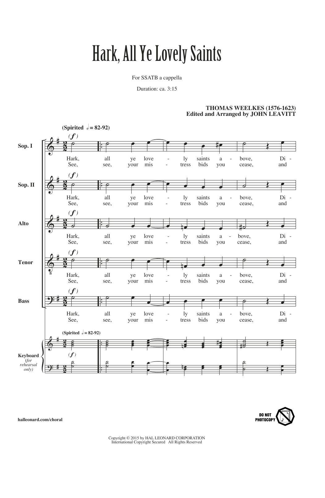 Thomas Weelkes Hark All Ye Lovely Saints (arr. John Leavitt) Sheet Music Notes & Chords for Choral SSATB - Download or Print PDF