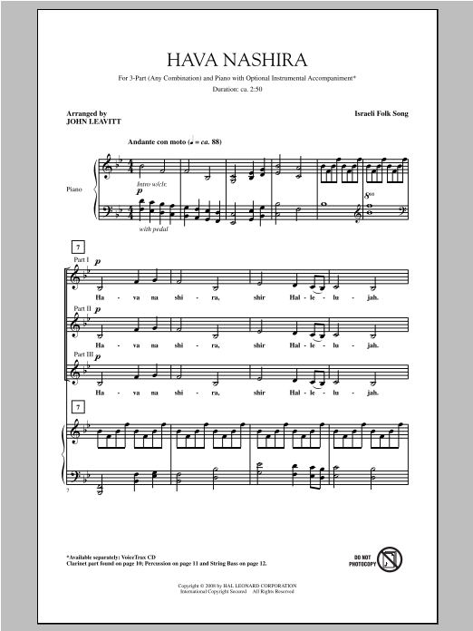 John Leavitt Hava Nashira Sheet Music Notes & Chords for 3-Part Mixed - Download or Print PDF