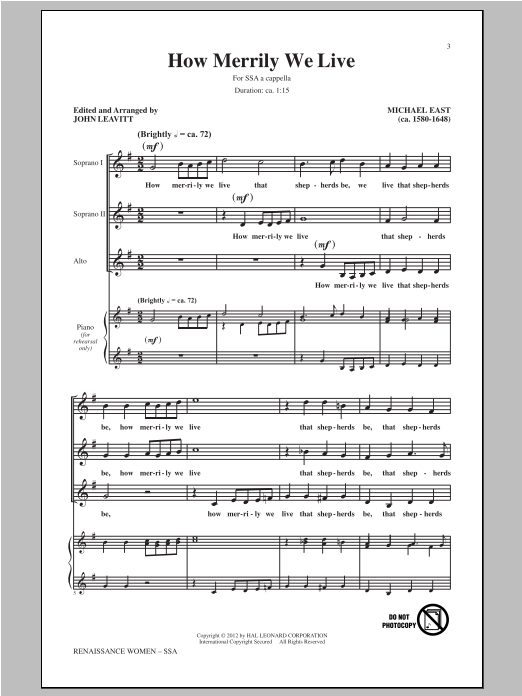 Michael East How Merrily We Live (arr. John Leavitt) Sheet Music Notes & Chords for SSA - Download or Print PDF
