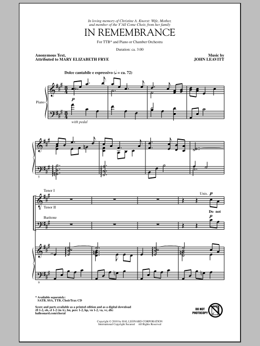 John Leavitt In Remembrance Sheet Music Notes & Chords for TTBB - Download or Print PDF