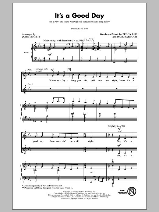 Peggy Lee It's A Good Day (arr. John Leavitt) Sheet Music Notes & Chords for 2-Part Choir - Download or Print PDF