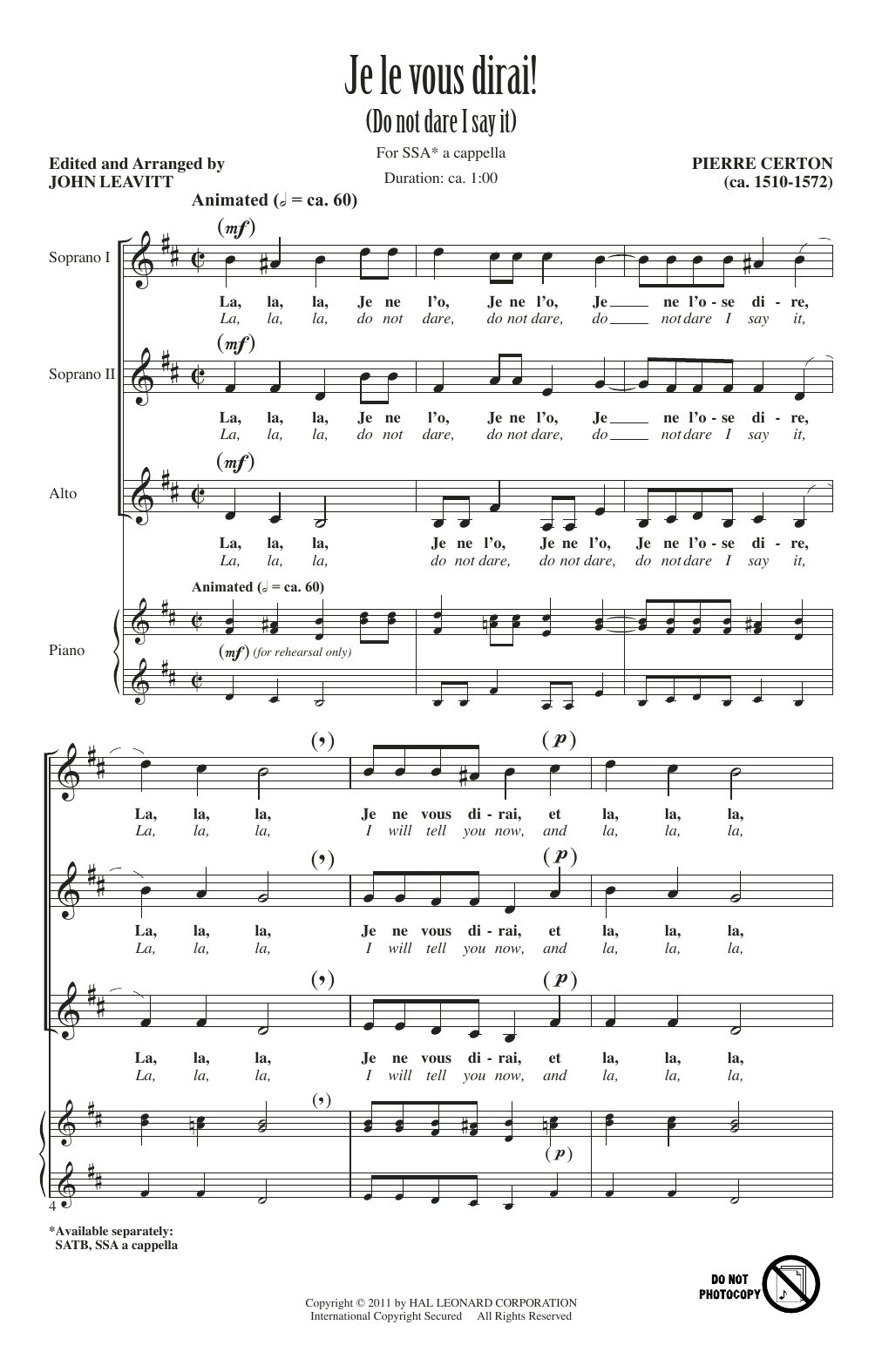 John Leavitt Je Le Vous Dirai Sheet Music Notes & Chords for SSA - Download or Print PDF