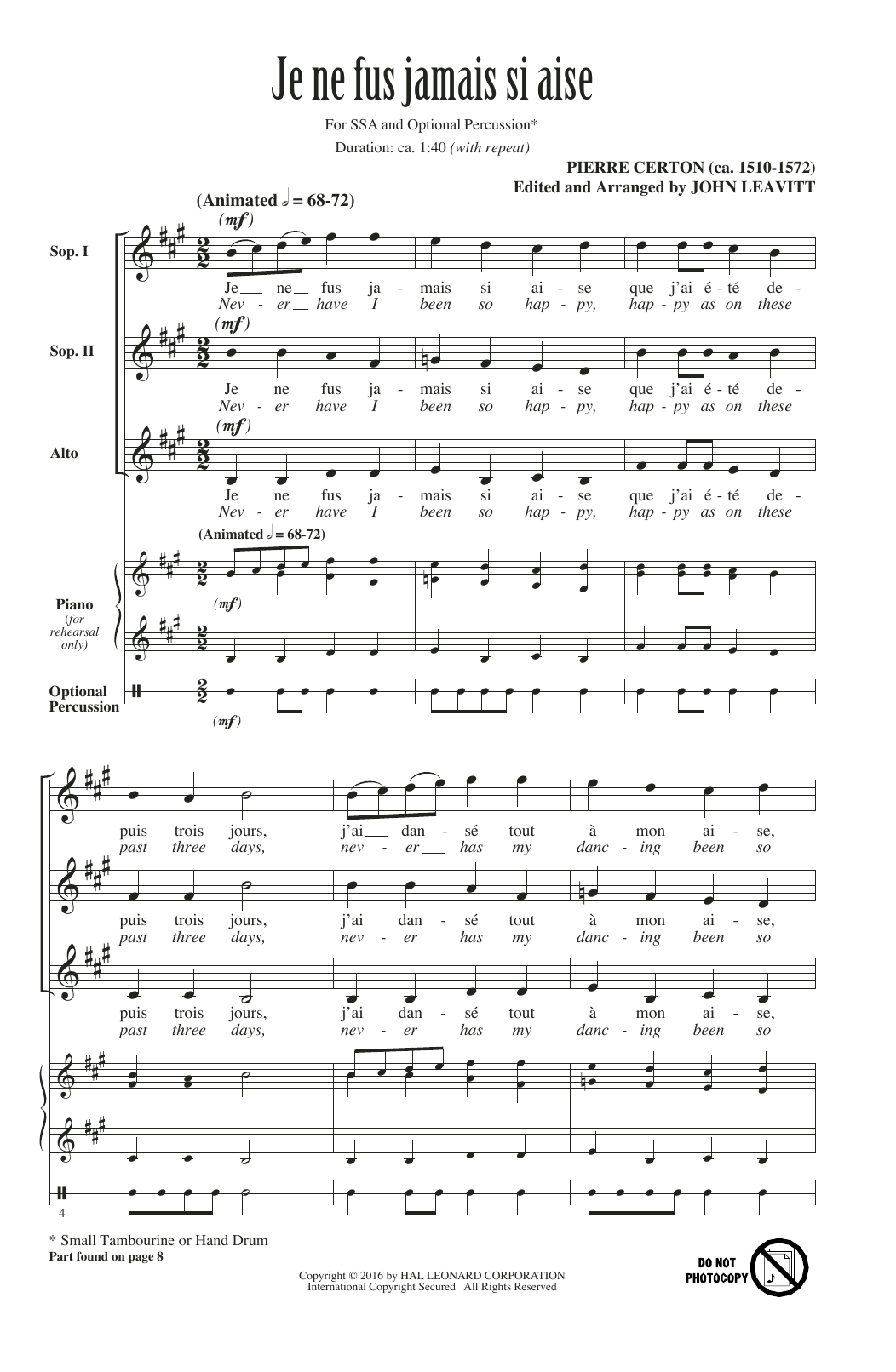 John Leavitt Je Ne Fus Jamais Si Aise Sheet Music Notes & Chords for SSA - Download or Print PDF