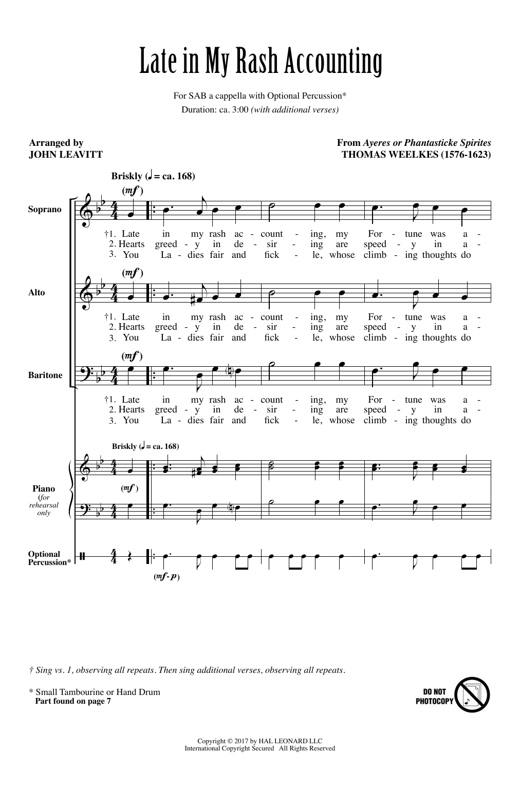 John Leavitt Late In My Rash Accounting Sheet Music Notes & Chords for SAB - Download or Print PDF