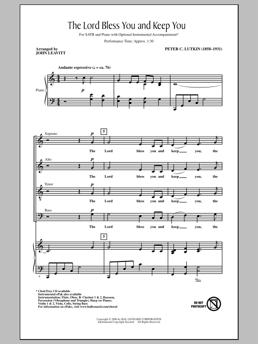 Peter C. Lutkin Lord Bless You And Keep You (arr. John Leavitt) Sheet Music Notes & Chords for SATB - Download or Print PDF