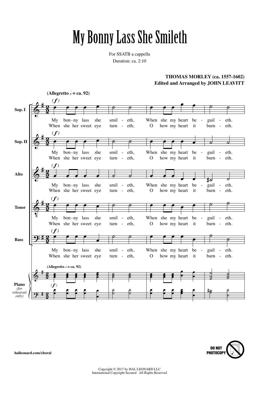 John Leavitt My Bonny Lass She Smileth Sheet Music Notes & Chords for SATB - Download or Print PDF