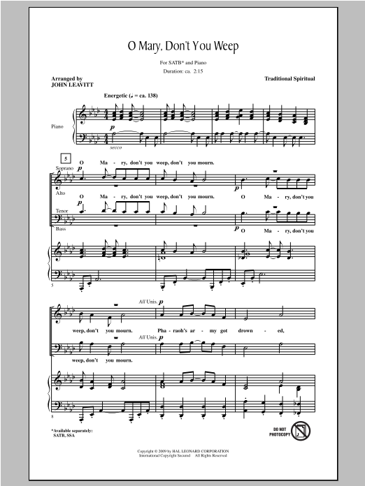 Traditional Spiritual Oh Mary Don't You Weep (arr. John Leavitt) Sheet Music Notes & Chords for SSA - Download or Print PDF