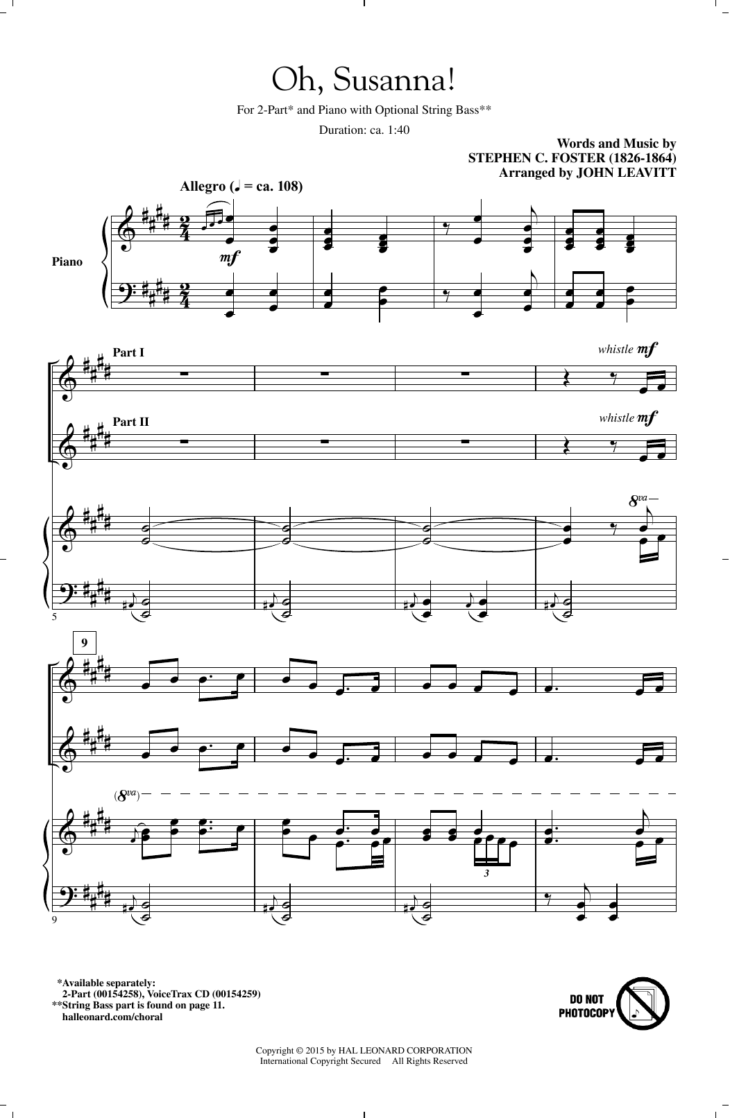 Stephen Foster Oh! Susanna (arr. John Leavitt) Sheet Music Notes & Chords for 2-Part Choir - Download or Print PDF