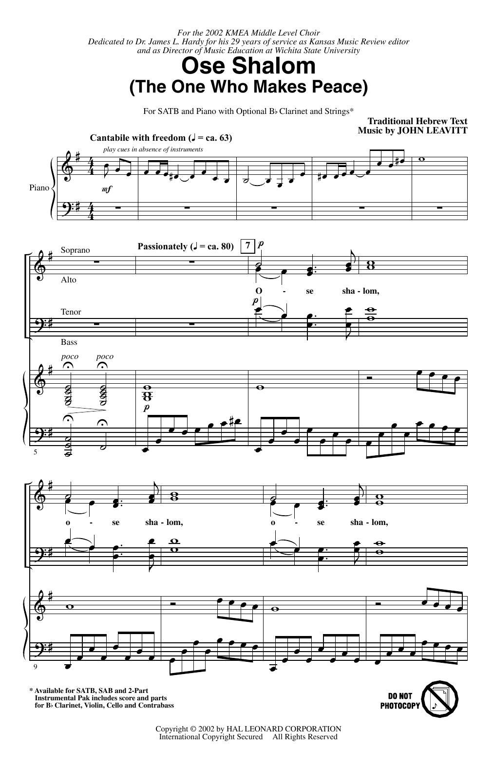 John Leavitt Ose Shalom (The One Who Makes Peace) Sheet Music Notes & Chords for SATB Choir - Download or Print PDF