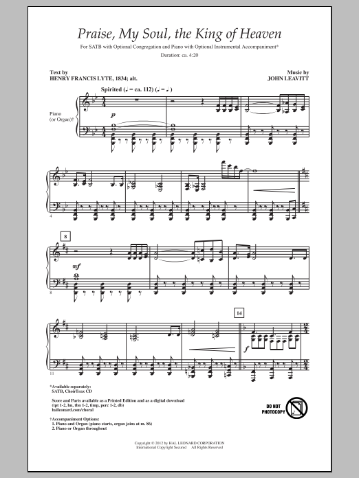 John Leavitt Praise My Soul, The King Of Heaven Sheet Music Notes & Chords for SATB - Download or Print PDF