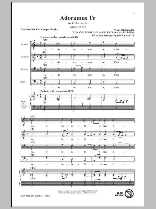 Giovanni Palestrina Renaissance Men (arr. John Leavitt) Sheet Music Notes & Chords for TTBB - Download or Print PDF