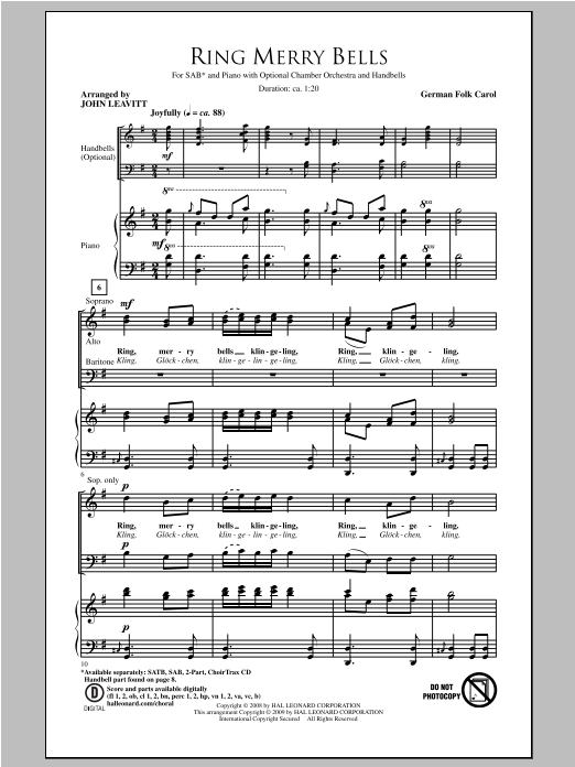 Traditional Carol Ring Merry Bells (arr. John Leavitt) Sheet Music Notes & Chords for 2-Part Choir - Download or Print PDF