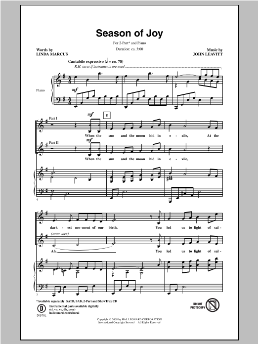John Leavitt Season Of Joy Sheet Music Notes & Chords for 2-Part Choir - Download or Print PDF