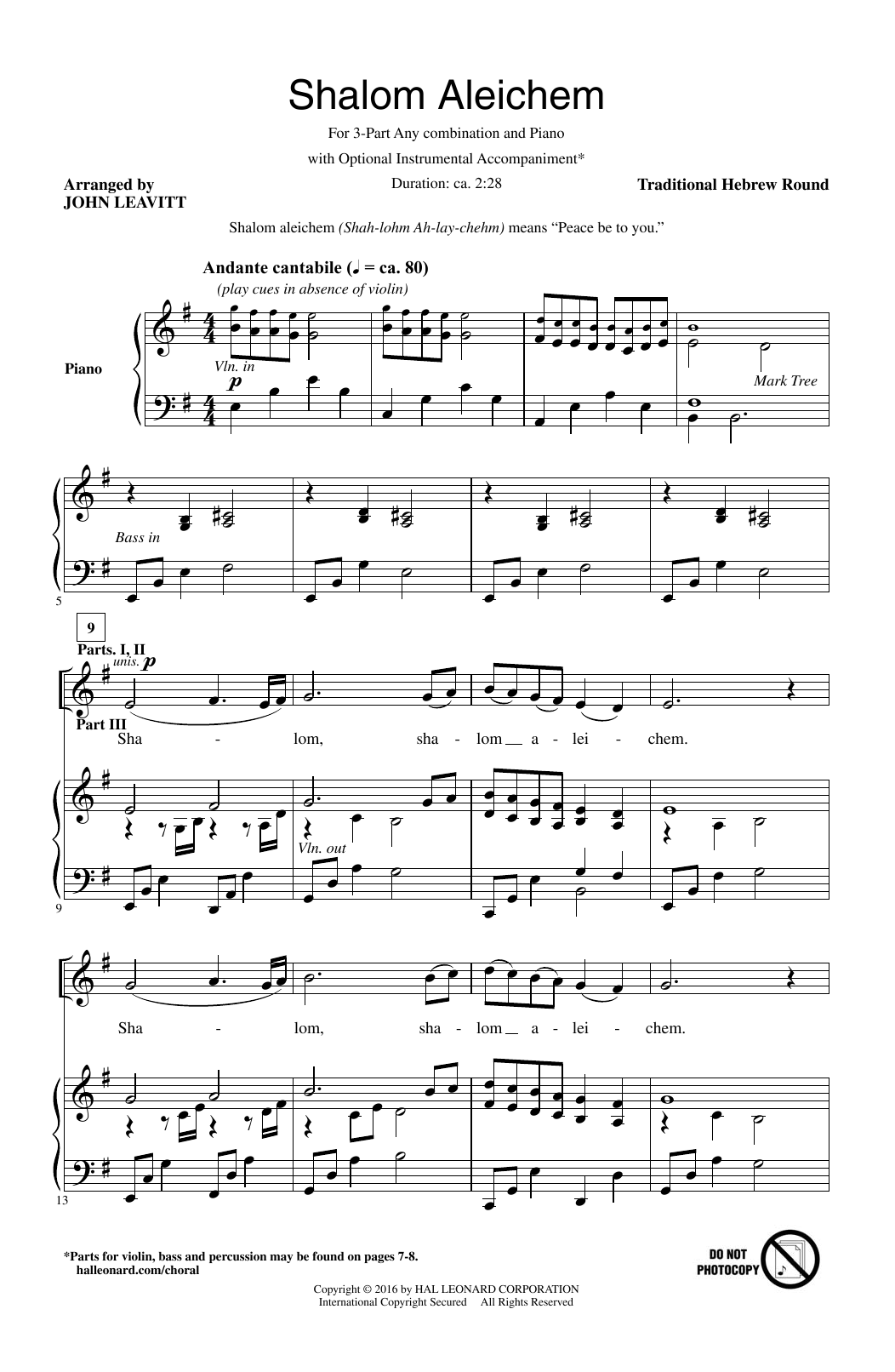 John Leavitt Shalom Aleichem Sheet Music Notes & Chords for 3-Part Mixed - Download or Print PDF
