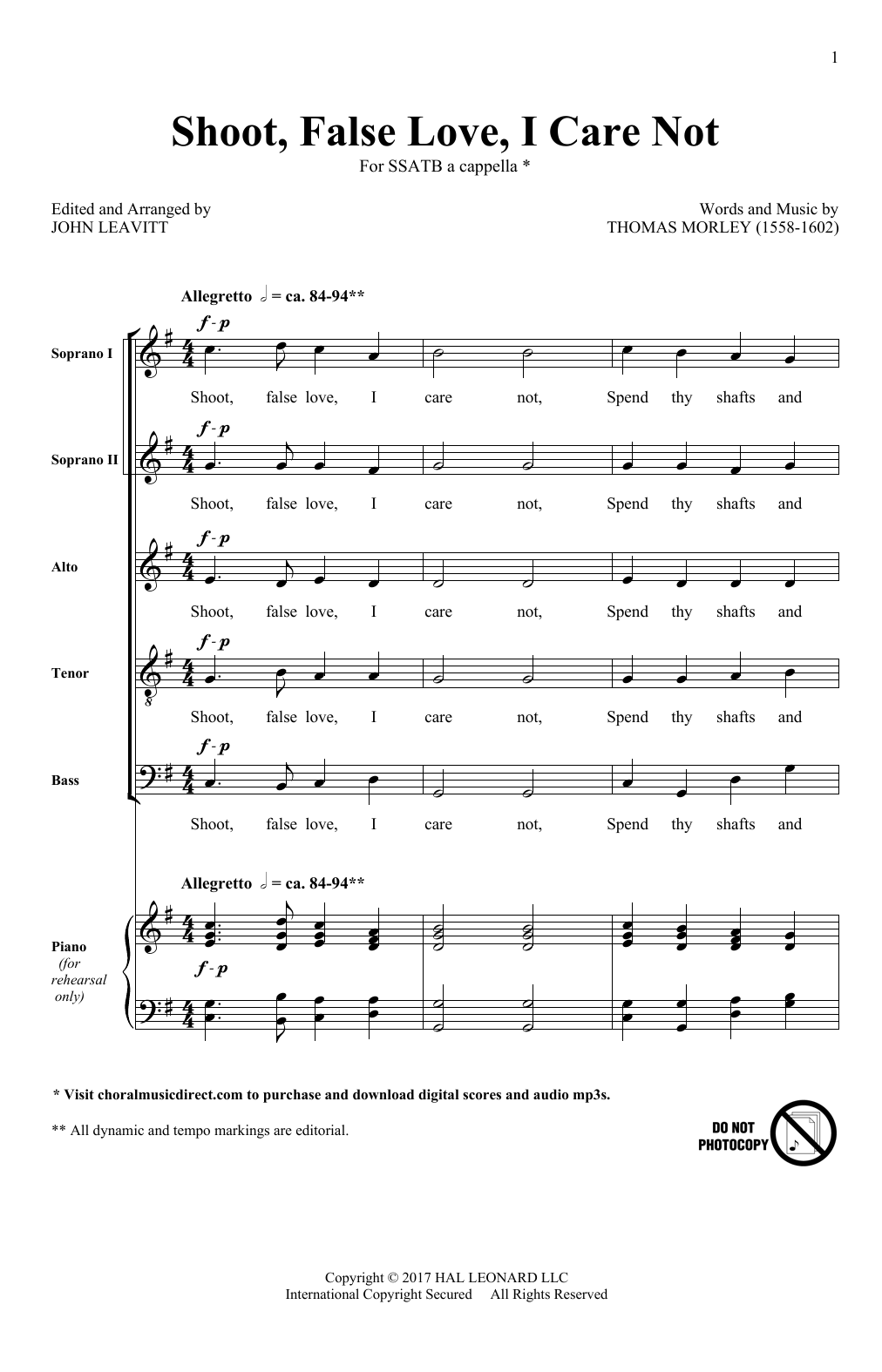 John Leavitt Shoot, False Love, I Care Not Sheet Music Notes & Chords for SATB - Download or Print PDF