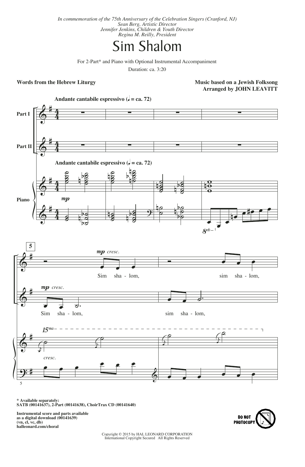 John Leavitt Sim Shalom Sheet Music Notes & Chords for 2-Part Choir - Download or Print PDF