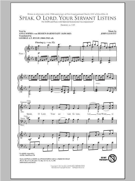 John Leavitt Speak, O Lord, Your Servant Listens Sheet Music Notes & Chords for SATB - Download or Print PDF John Leavitt Speak, O Lord, Your Servant Listens Sheet Music Notes & Chords for SATB - Download or Print PDF