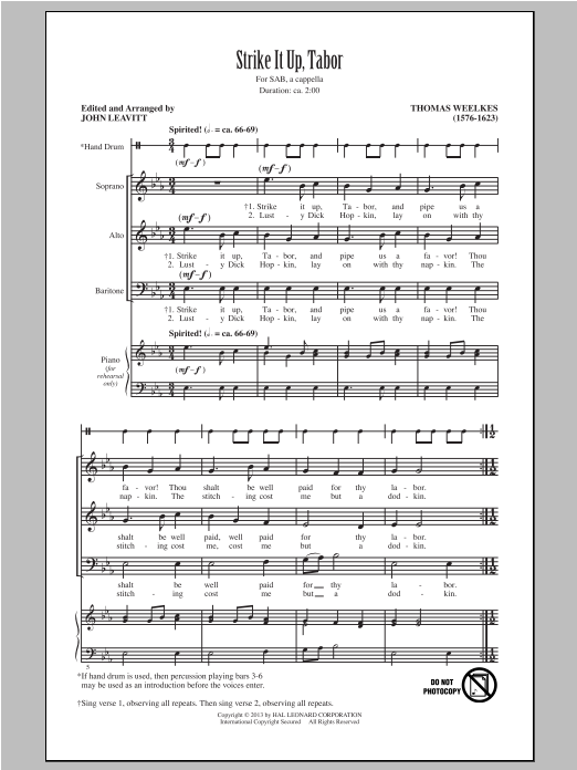 Thomas Weelkes Strike It Up, Tabor (arr. John Leavitt) Sheet Music Notes & Chords for SAB - Download or Print PDF
