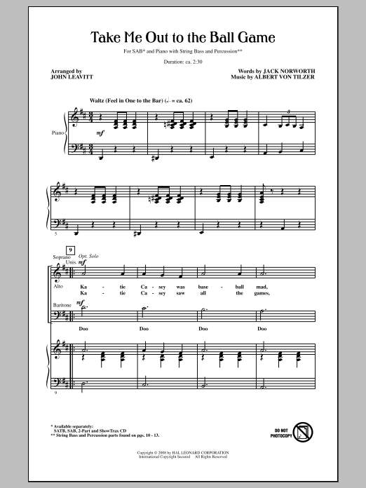 John Leavitt Take Me Out To The Ball Game Sheet Music Notes & Chords for SAB - Download or Print PDF