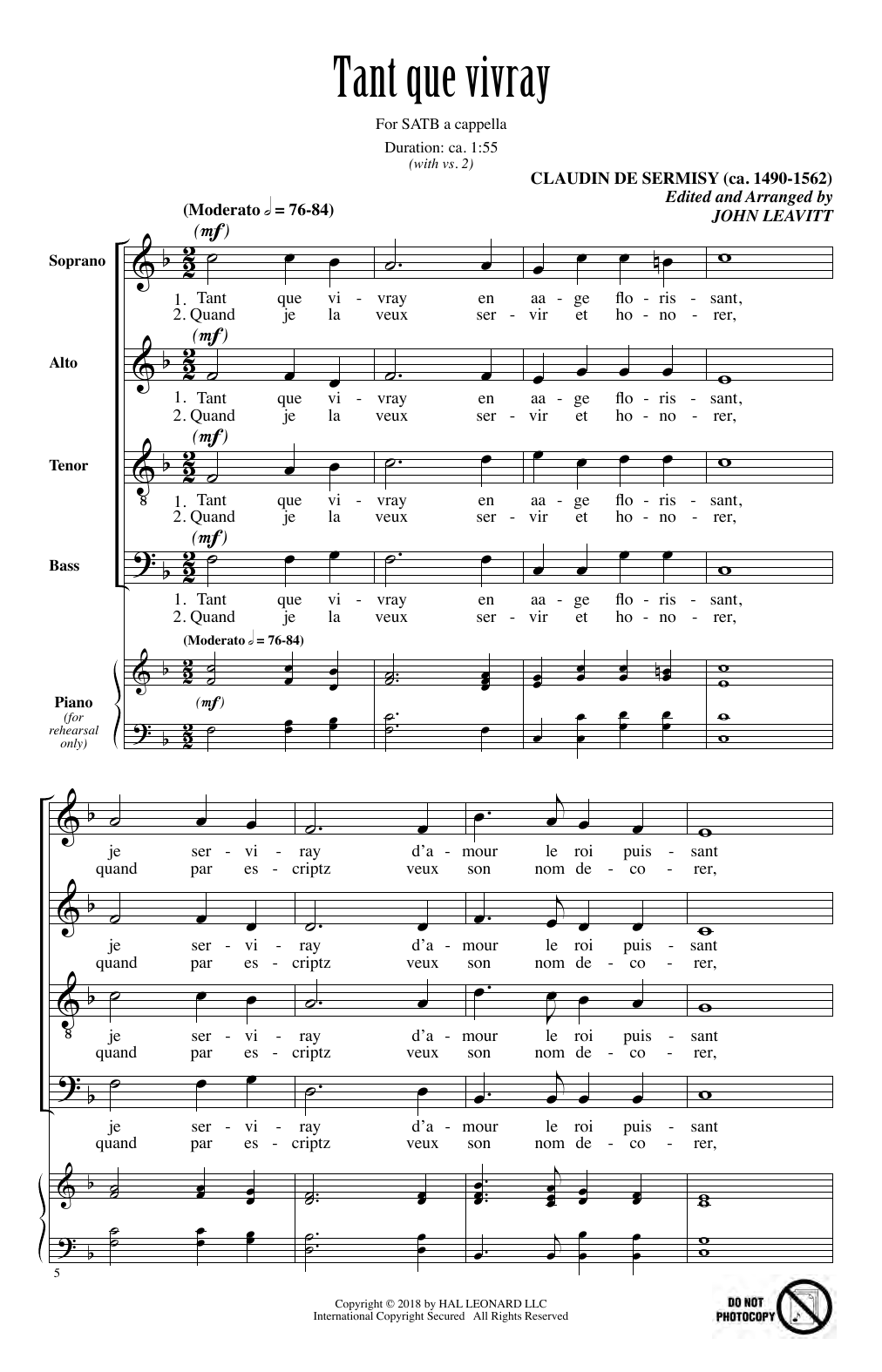 John Leavitt Tant Que Vivray Sheet Music Notes & Chords for SATB Choir - Download or Print PDF