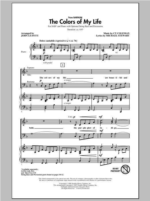 Cy Coleman The Colors Of My Life (arr. John Leavitt) Sheet Music Notes & Chords for SAB - Download or Print PDF Cy Coleman The Colors Of My Life (arr. John Leavitt) Sheet Music Notes & Chords for SAB - Download or Print PDF